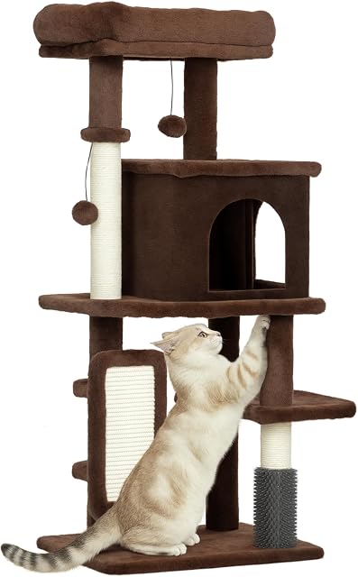 PawHut Cat Tree for Large Cat Adults, 41 Inch Cat Tower for Indoor Cats w/Scratching Posts, Cat Bed, Condo, Grooming Brush, Jumping Platforms, Toy Balls, Anti-tip Kit, Brown