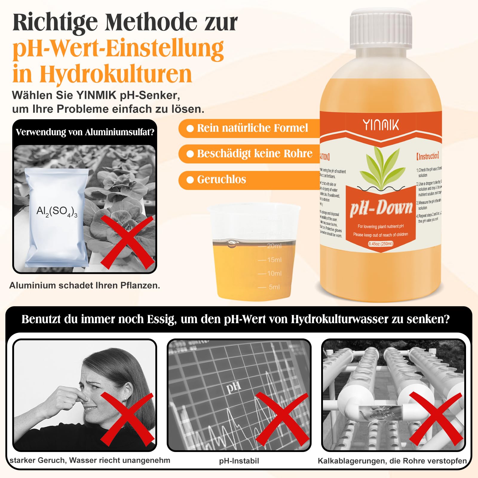 pH Regulator für Hydrokultur, pH Up and pH Down Liquid, pH Regulatorflüssigkeit zur Senkung oder Erhöhung des pH Werts, 250 ml Premium-Puffer, geeignet für alle Hydrokultursysteme (Erde und Wasser)