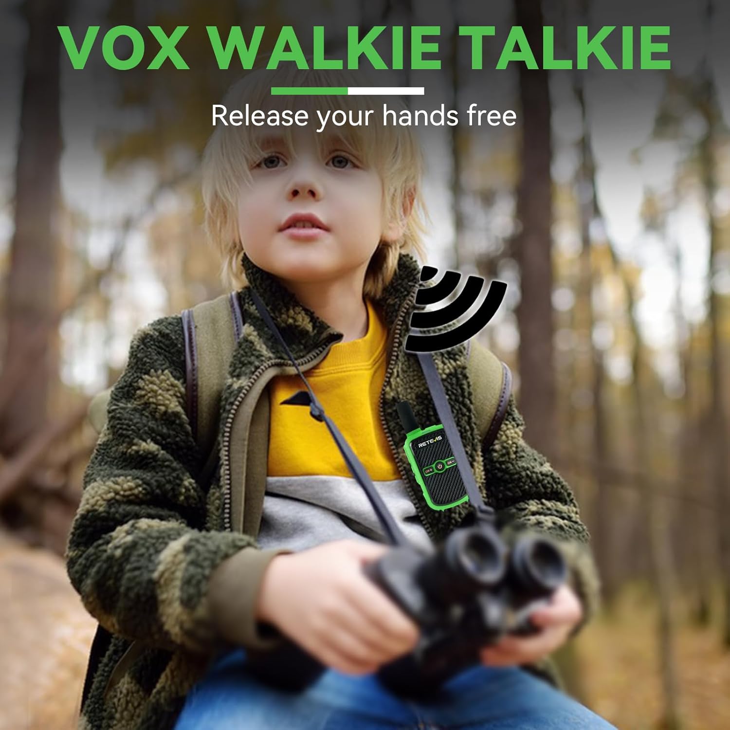 A child wearing a Retevis RT15 walkie talkie on a strap, with a graphic indicating hands-free voice communication (VOX).
