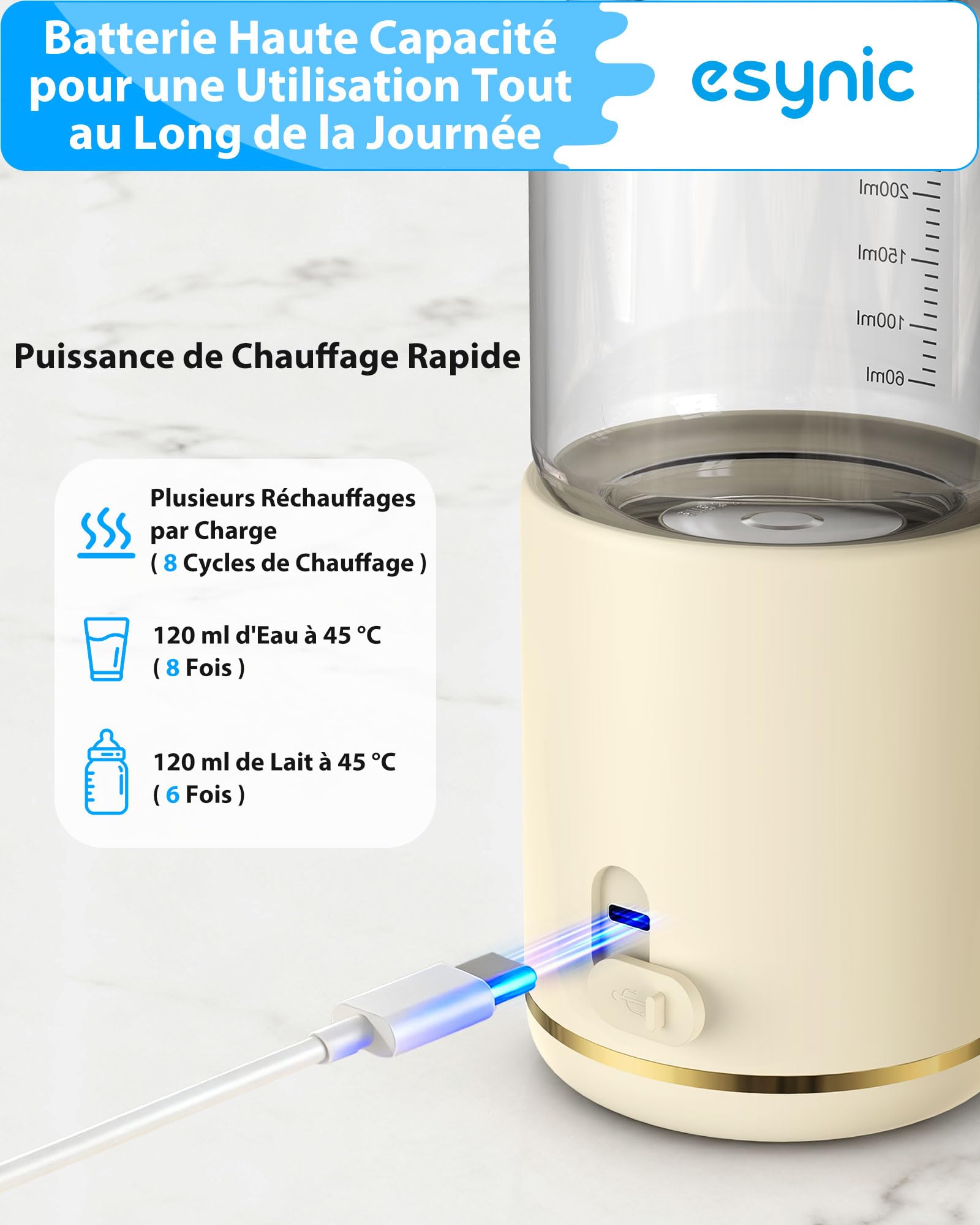 eSynic Chauffe Biberon Nomade Capacité 300ml sans Fil Écran Digital Verre Borosilicaté Graduations Claires Chauffe biberon Portable Contrôle de Température 37–55°C Batterie 15000mAh pour Voyage Sortie