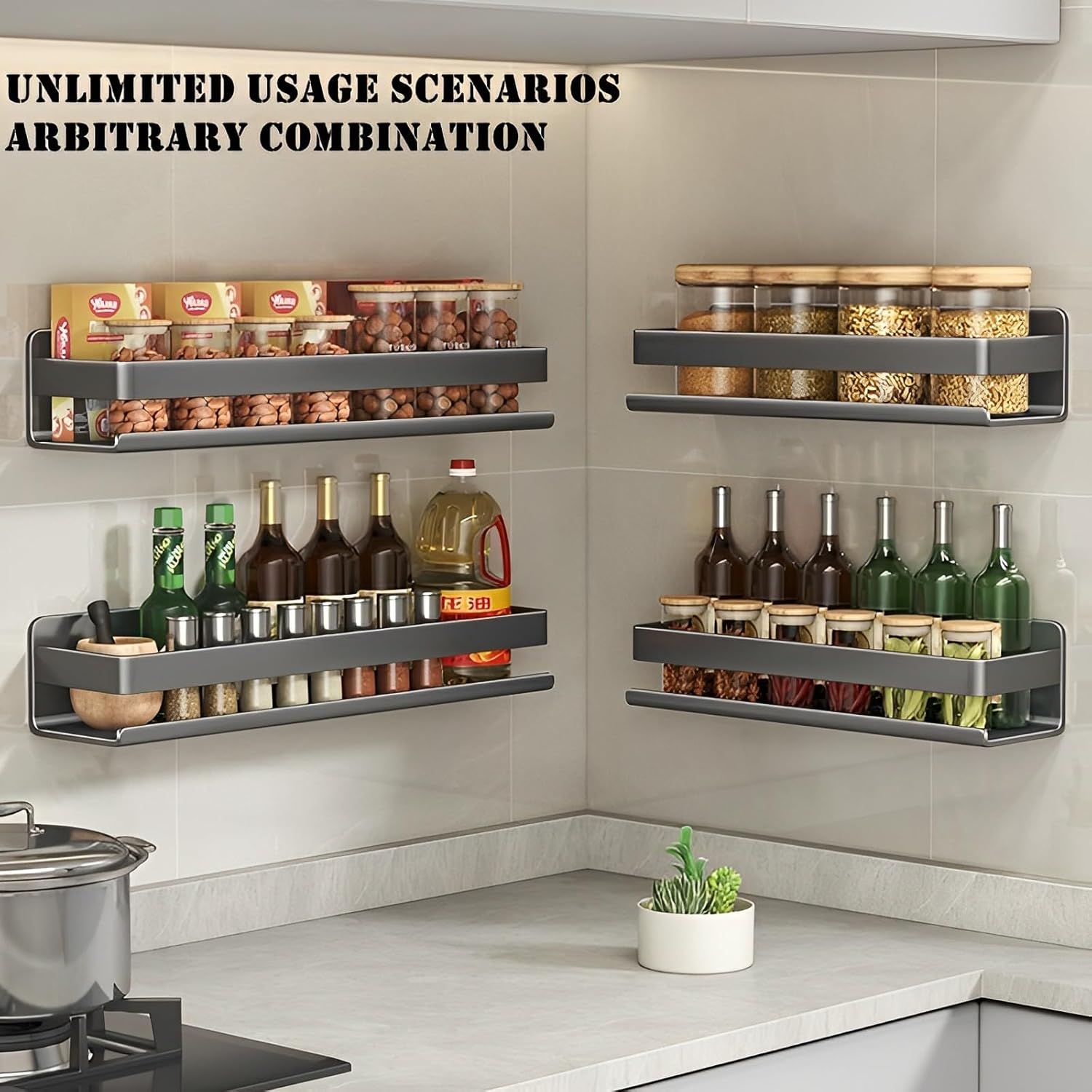 Stainless Steel Wall Mounted Floating Shelves, Drill-Free Adhesive or Screw In, Rustproof Bathroom Organizer & Kitchen Spice Storage Rack, Detachable Metal Display Shelf for Living Room, Gray - Image 2