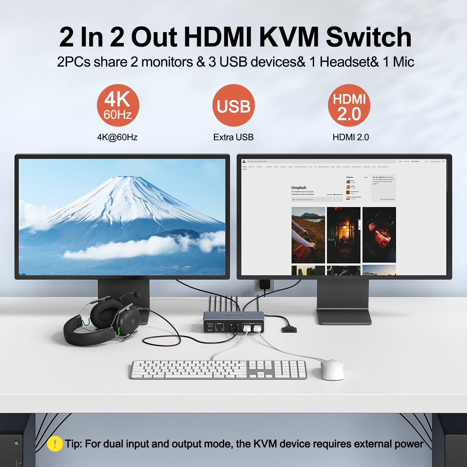 Alxum HDMI KVM-switch 2 pc's 1 monitor Ondersteuning 4K 60Hz