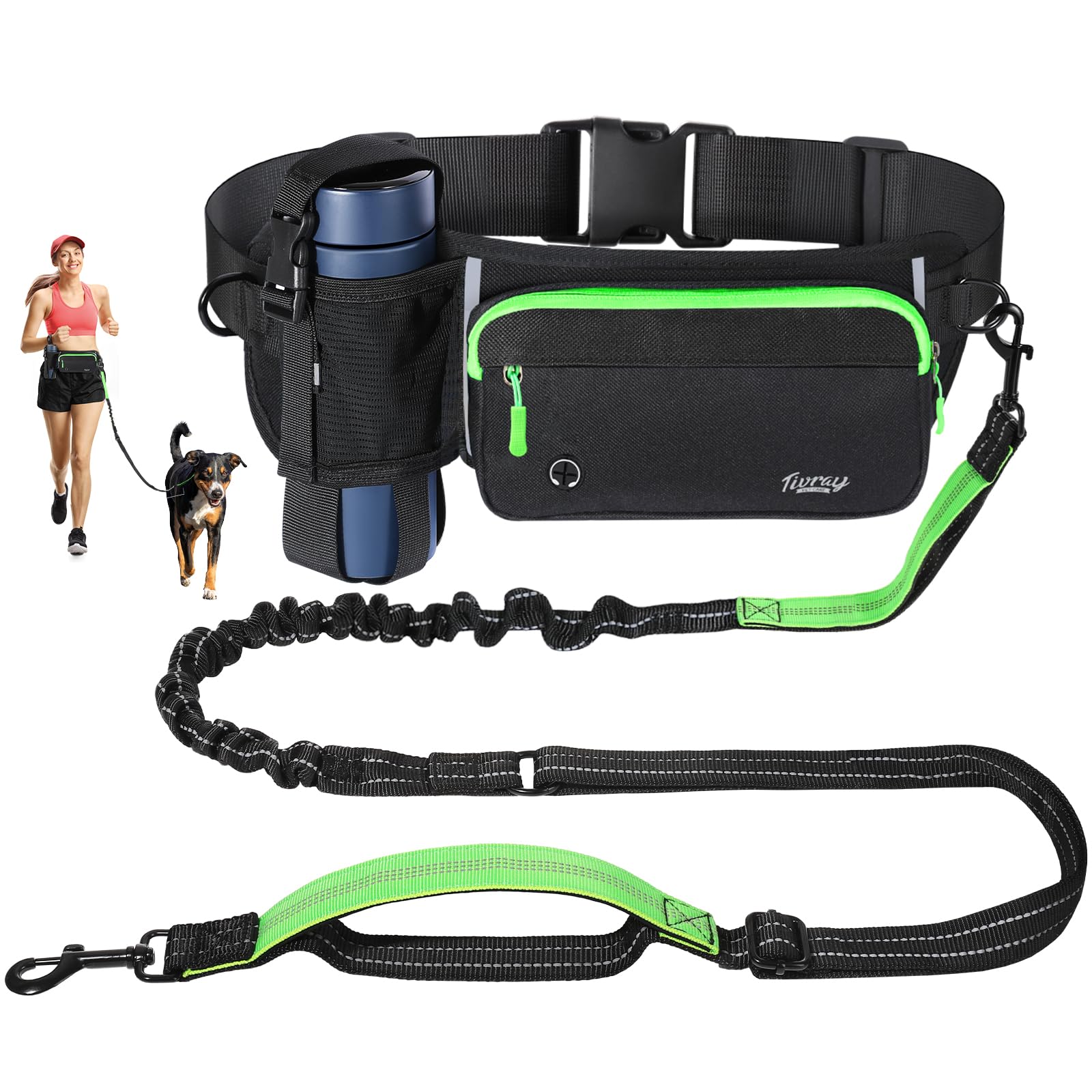 Hands Free Dog Leash, Adjustable Waist Leash for Walking with Dual Bungees Padded Handle, Shock Absorbing Hands Free Belt for Small Medium-Sized Dogs Outdoor Activities, Black + Green