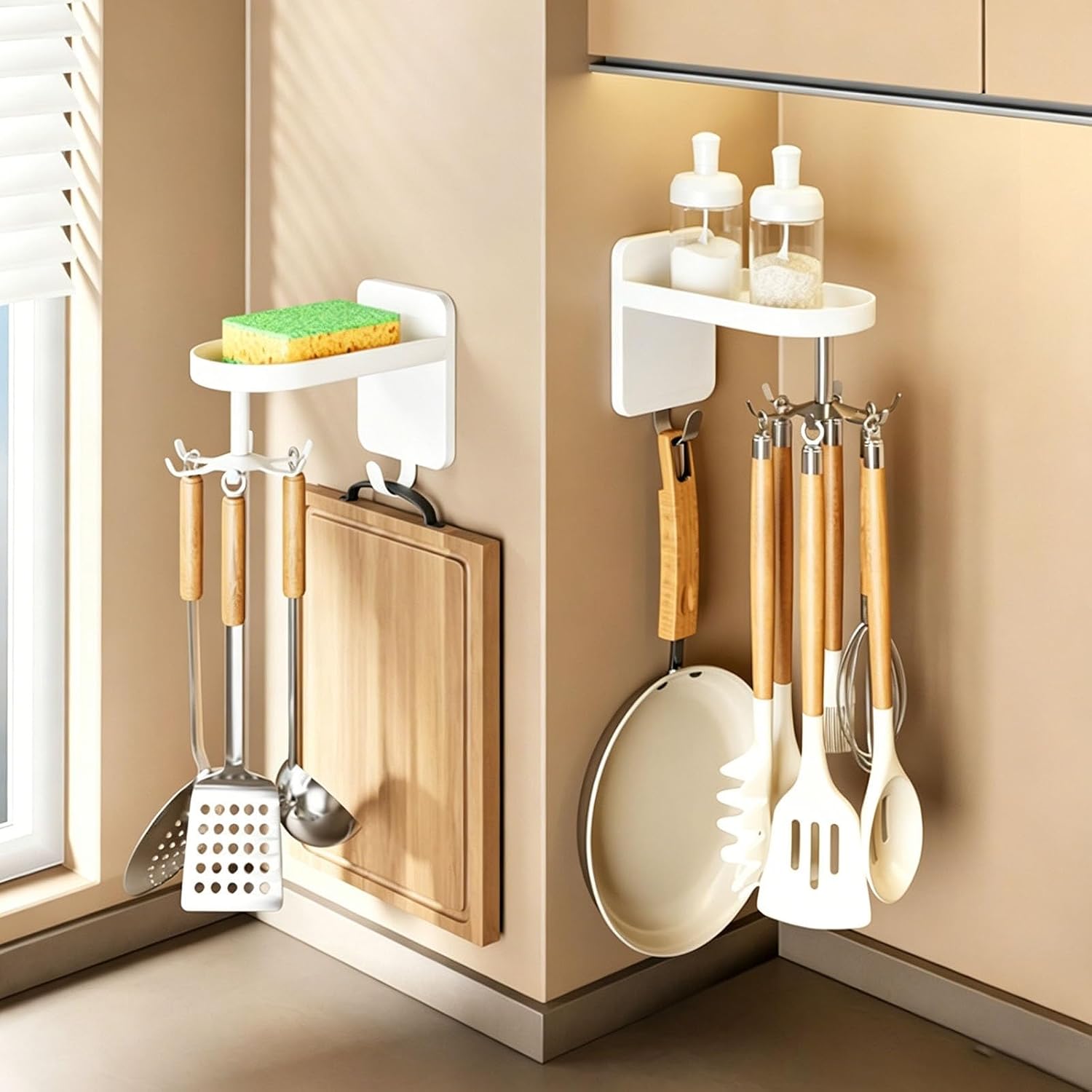 360° Rotating Utensil Hook with Top Shelf, Nail-Free Kitchen Utensil Hanger, Heavy-Duty Rack for Spoons, Spatulas, Seasoning Bottles