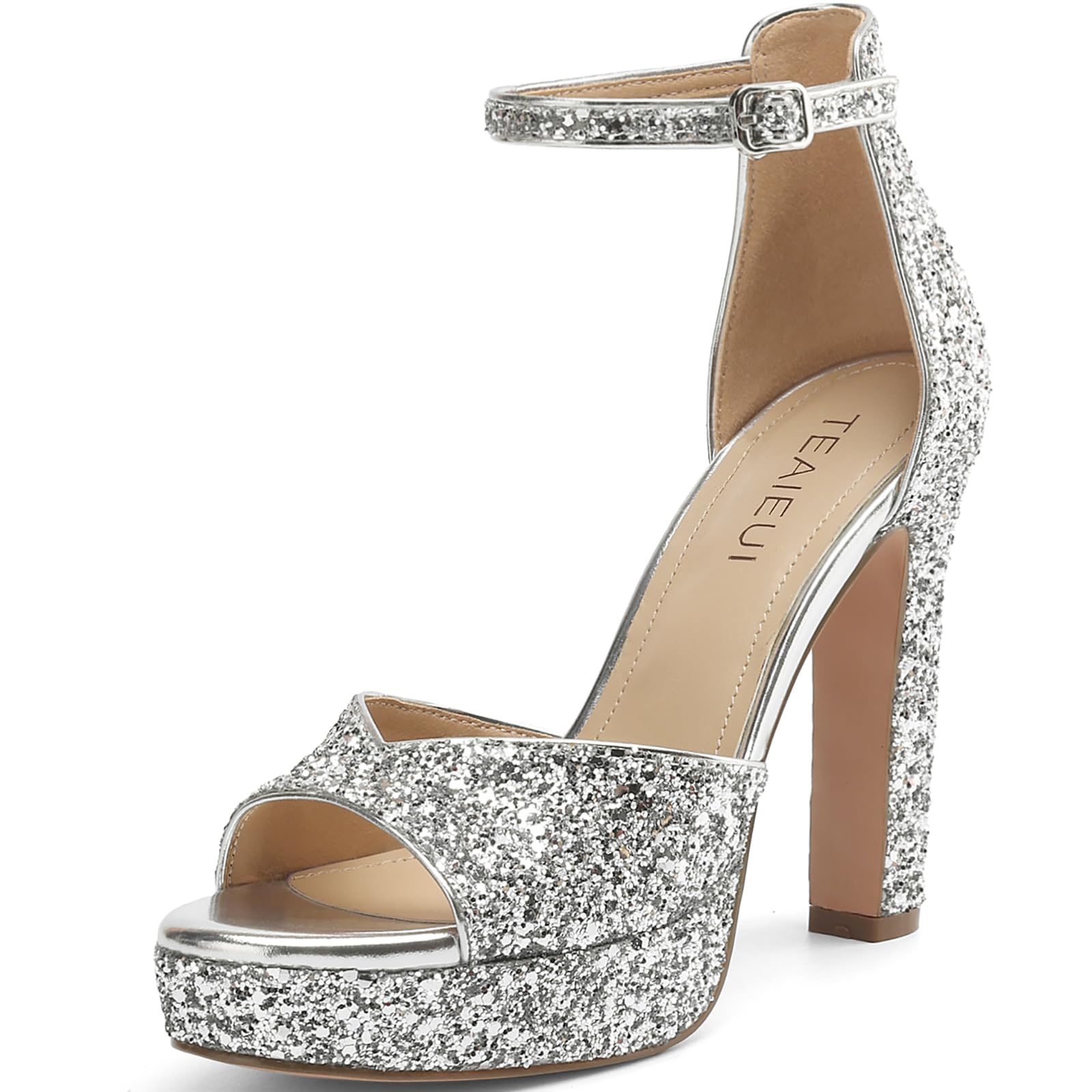 TEAIEUI Pearl Rhinestone Heels Platform Block Sandals for Women Wedding Sandals for Bride Chunky Heels Bridal Shoes with Ankle Strap