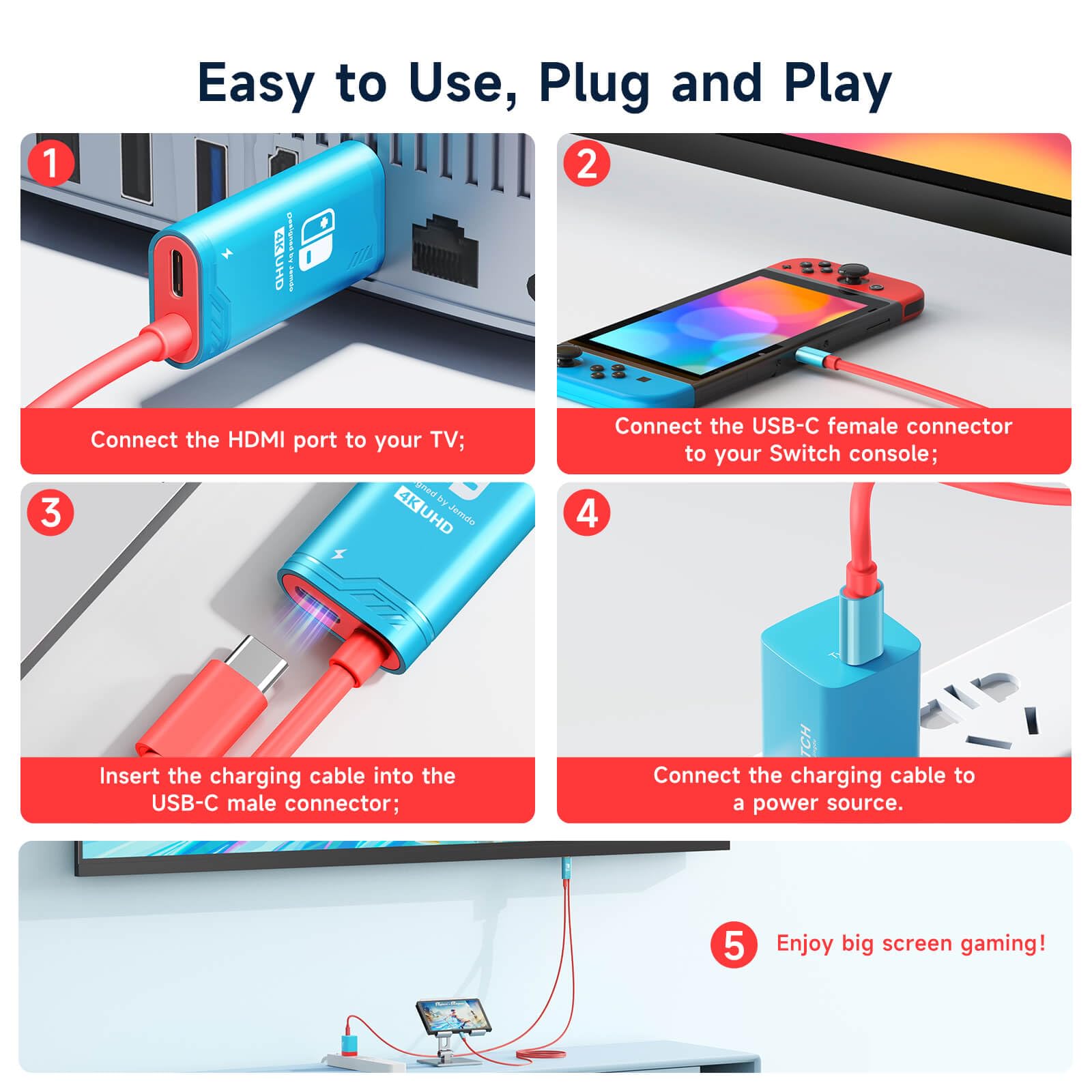 JEMDO Cavo da USB C a HDMI da 3 m, compatibile con Nintendo Switch NS/OLED/Steam Deck/ROG Ally only, connettore TV portatile per mirroring dello schermo, 4K a 30Hz, blu