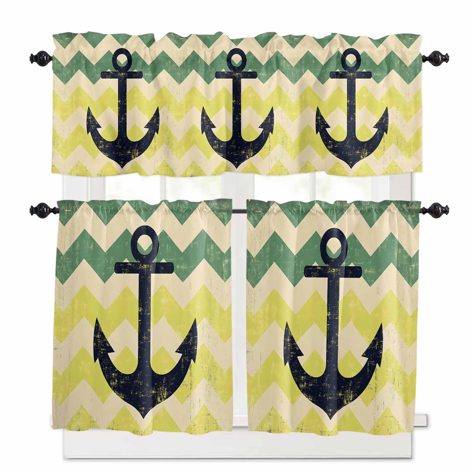 Anchor Nautical Kitchen Curtains 24 Inch Length, 3 Piece Rod Pocket Small Half Tiers and Valance Set, Vintage Green Yellow Wave Stripe Small Large Window Treatment Decor for Bedroom/Bathroom Sink