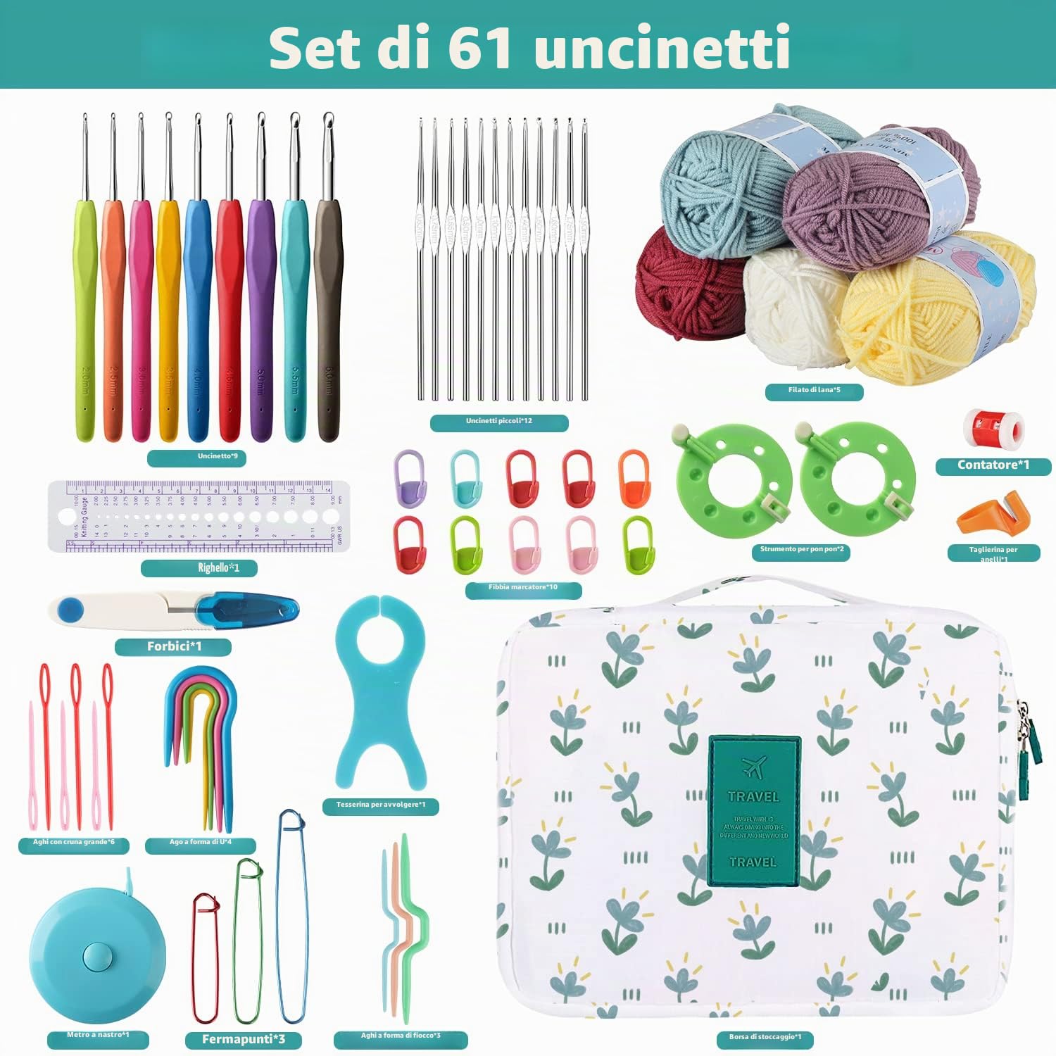 OWill Set di 61 Uncinetto Set,Crochet Kit Uncinetto Principianti,Kit Uncinetto Uncinetti Ergonomici,Set Uncinetto per pizzo a maglia accessori con custodia