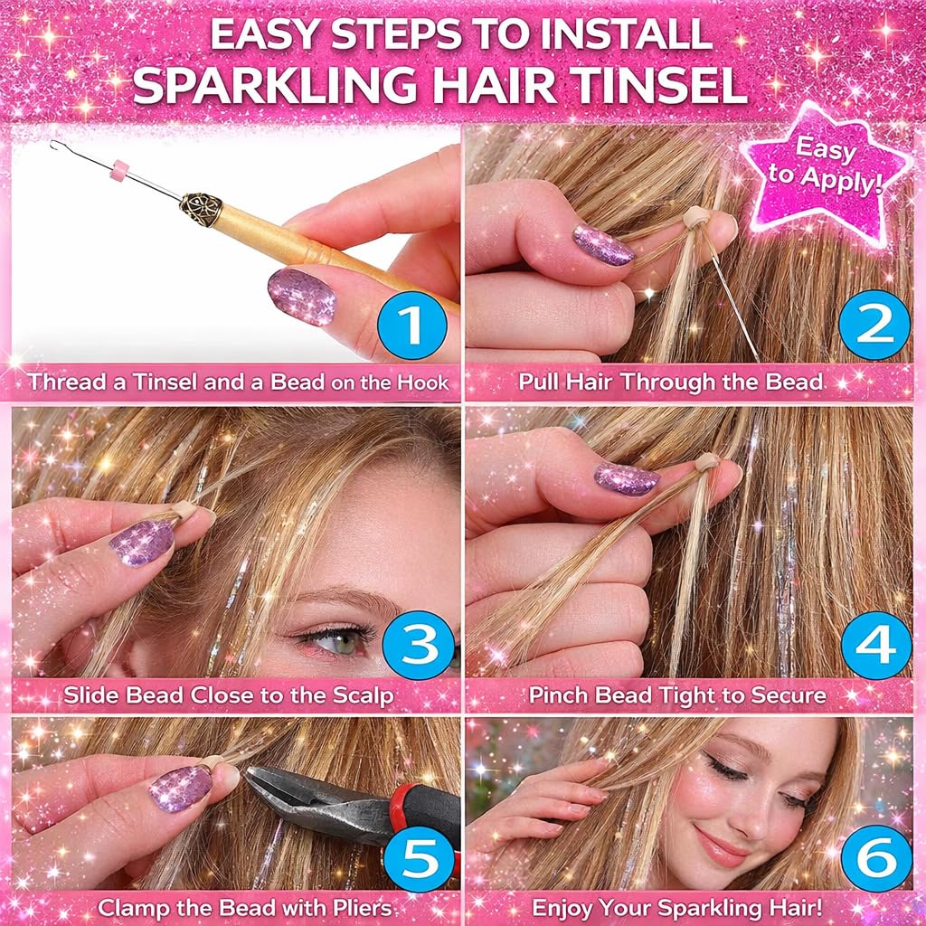 Hair Tinsel Kit, Fairy Tinsel Hair Extensions With Tool 8000 Strands 24Colors Holographic Heat Resistant Sparkling Hair Glitter (8000 Strands 48 Inch, 24 Colors)
