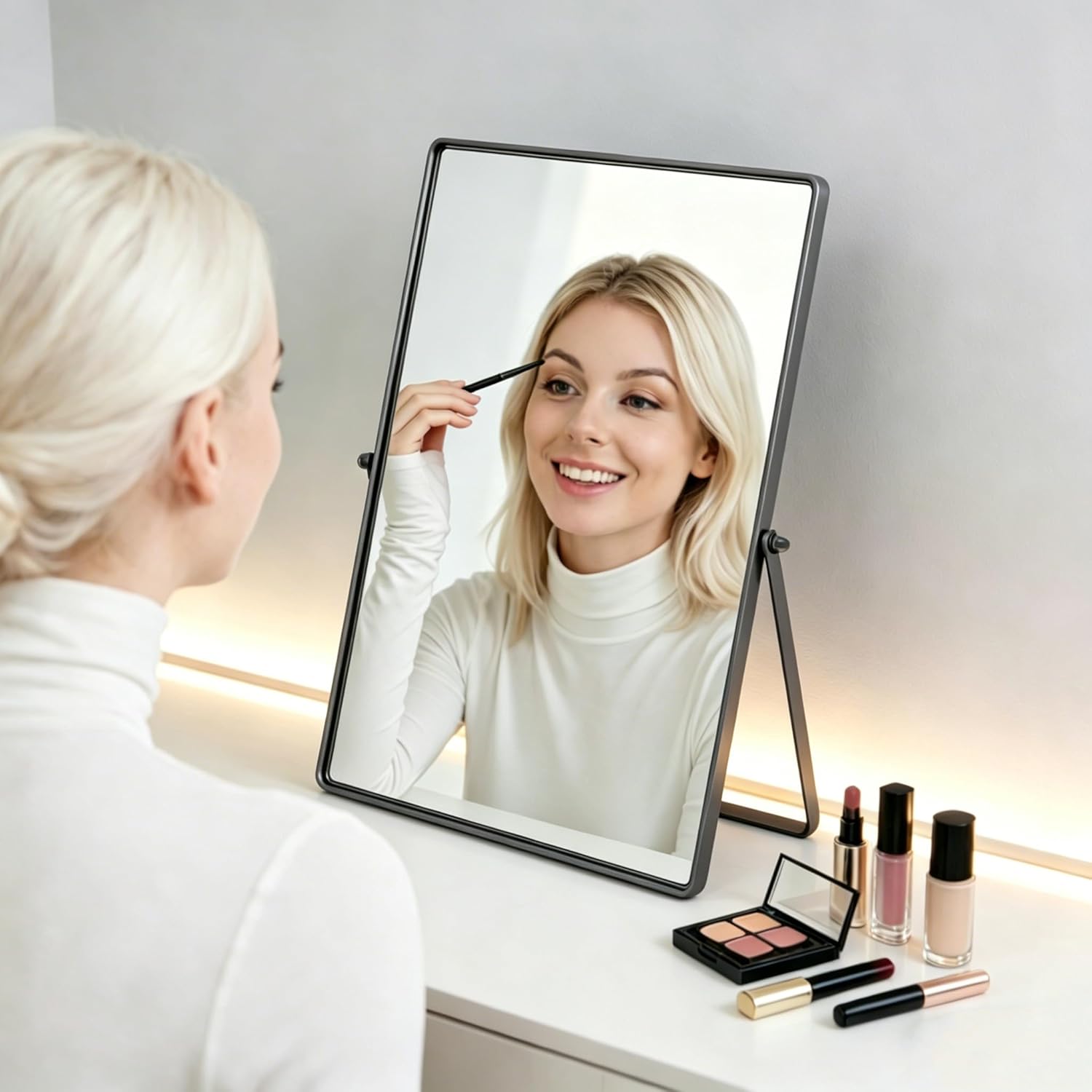 Feyarl Desktop Makeup Vanity Mirror 11.8 x 7.87 Inch Tabletop Mirror 90° Rotation Decorative Standing Cosmetic Mirror for Home Deco Bedroom Bathroom Desk Dresser (Gunmetal Black)