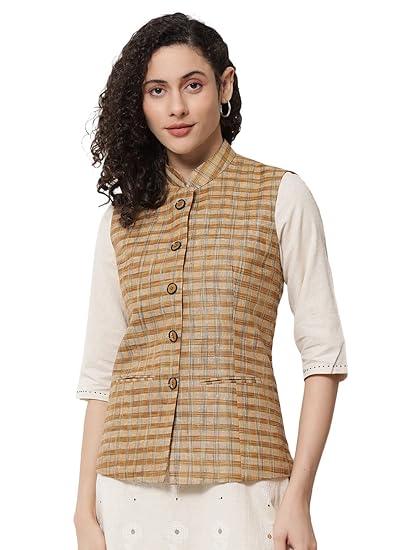 Womens Handloom Block Check Print Nehru Jacket - (TS1471D_42_Brown)