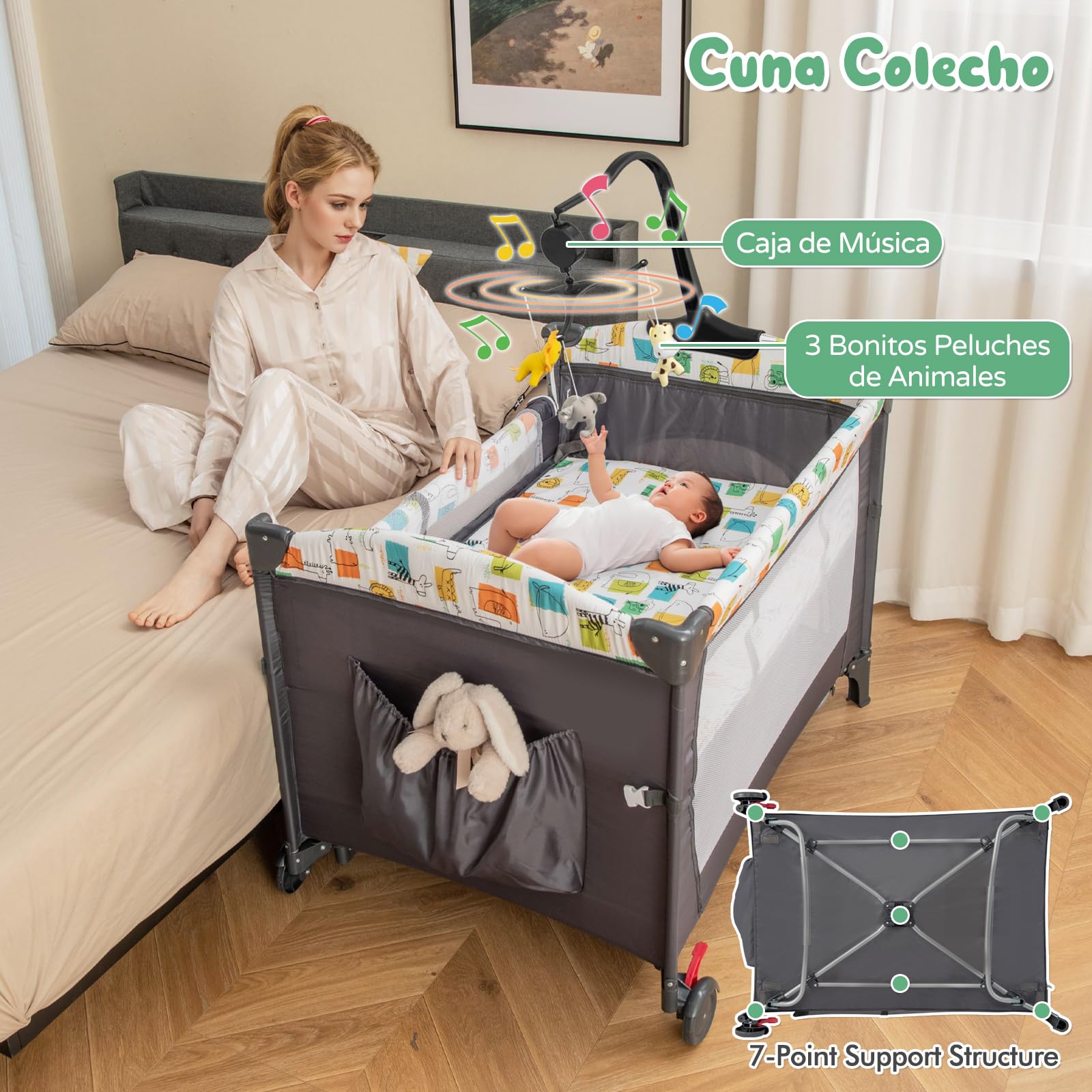 RELAX4LIFE 5 en 1 Cuna Bebé con Colchón, Cambiador, Juguete Colgante, Ruedas Bloqueables y Altura Ajustable en 4 Niveles, Cuna de Viaje para Niños 0-36 Meses (Gris)