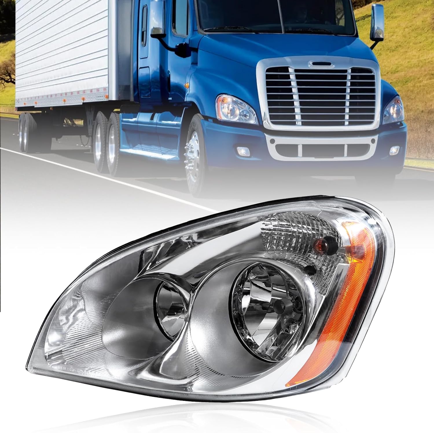 Headlights Fit For 2008-2017 Freightliner Cascadia Chrome Housing And Amber Reflector Headlamps (Left Driver Side)