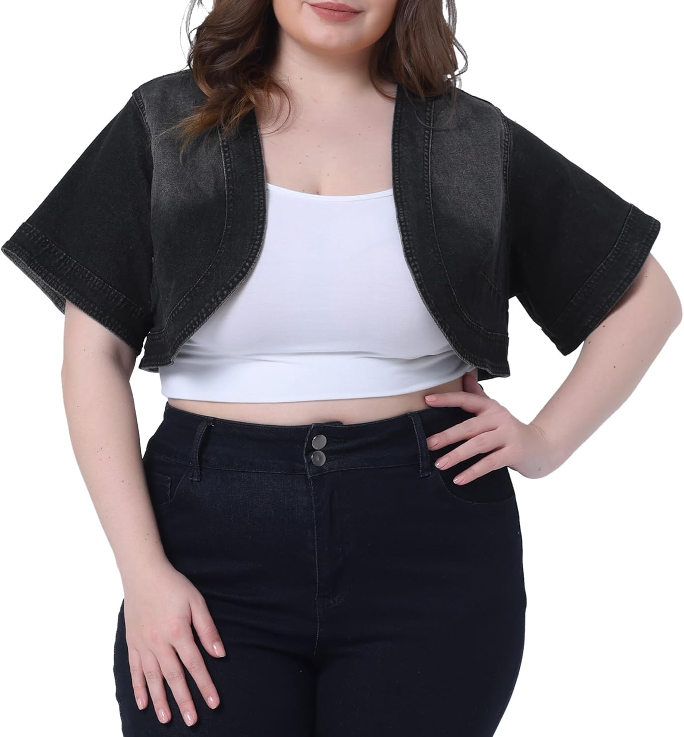 Agnes Orinda Plus Size Denim Jackets for Women Cardigan Casual Short Crop Jean Jacket Shrug 2024