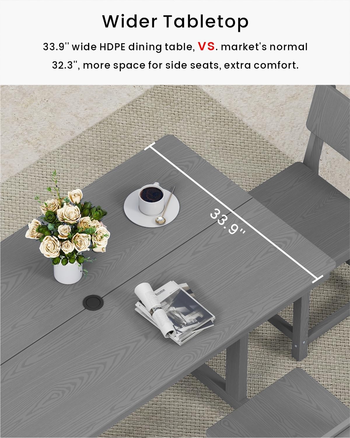 7-Piece HDPE Outdoor Dining Set, Weatherproof Patio Table and Chairs for 6, Outdoor Dining Table Set for Outside Deck Backyard Garden, Grey
