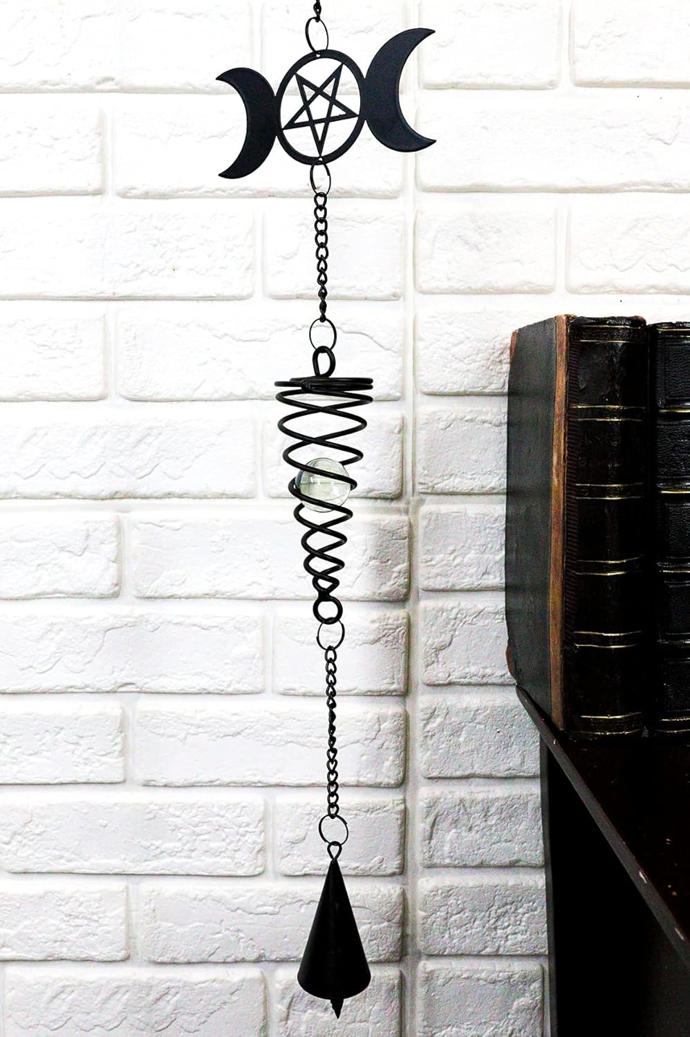 Ebros Gift Wicca Occult Triskele Triple Moon Spiral Goddess Black Coated Steel Metal Wall Hanging Wind Chime with Beads Home and Patio Decor Gothic Halloween Macabre Mobile Noisemaker