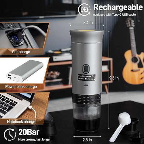 Miniatura 3 de Cafetera eléctrica portátil de café expreso, mini cafetera 3 en 1, cafetera autocalentable con USB-C, pequeña cafetera con café molido y cápsulas