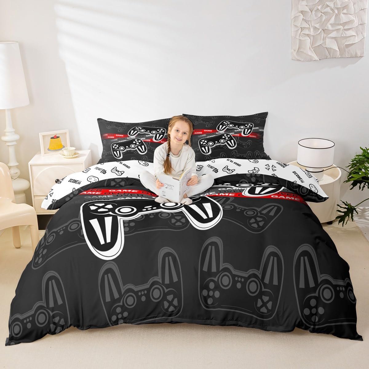 Homemissing Set di biancheria da letto con copripiumino nero per bambini, ragazzi, ragazze, adolescenti, decorazione per la stanza dei videogiochi, con 2 federe, motivo: gamepad