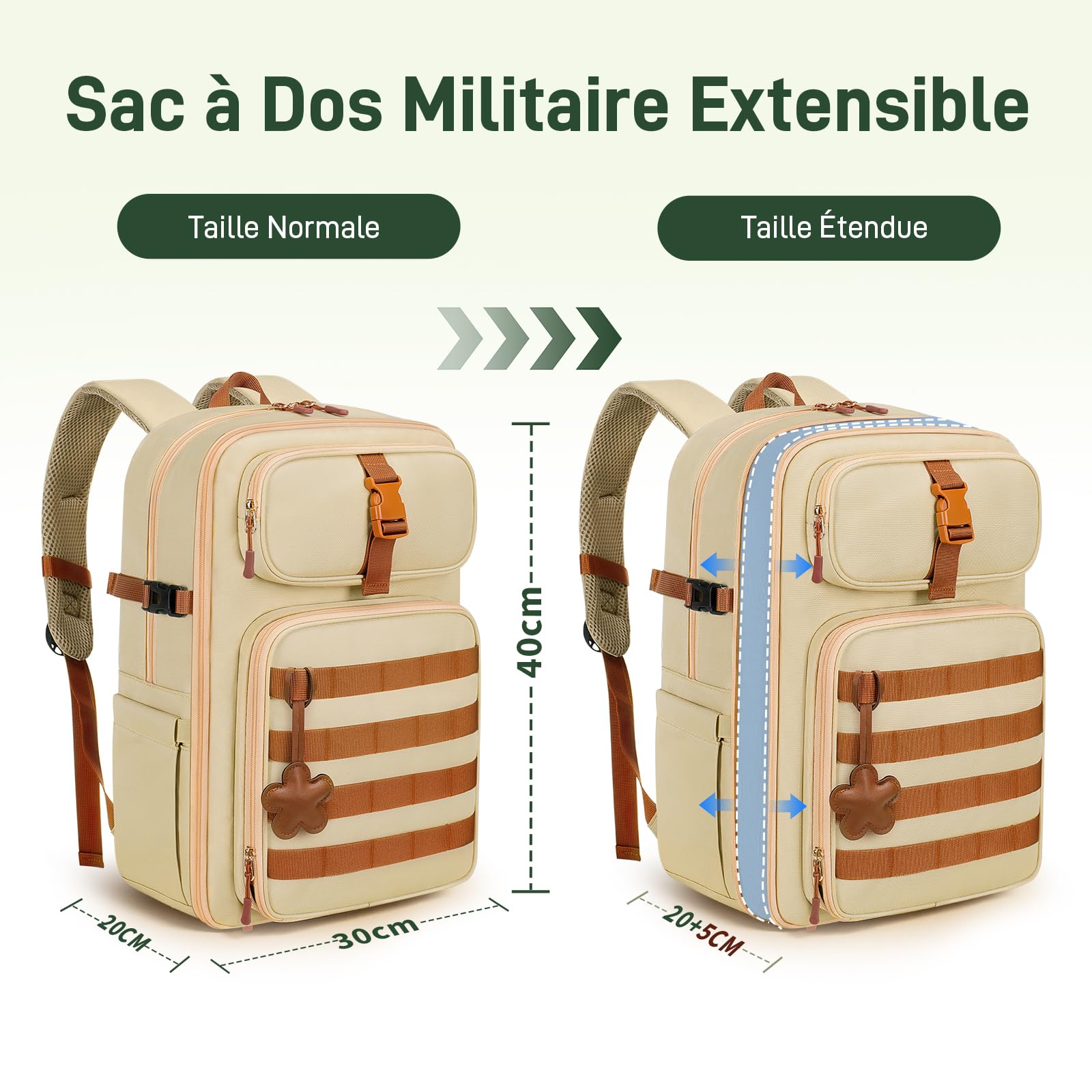 YOREPEK Sac a Dos Militaire 24L(40x30x20), 2 Sets Sac a Dos Tactique | Exbandiable Militaire Multifonctionnel Sacs de Voyage Cabine pour Ordinateur, Randonnée/Trekking/Camping Femme Homme, Kaki