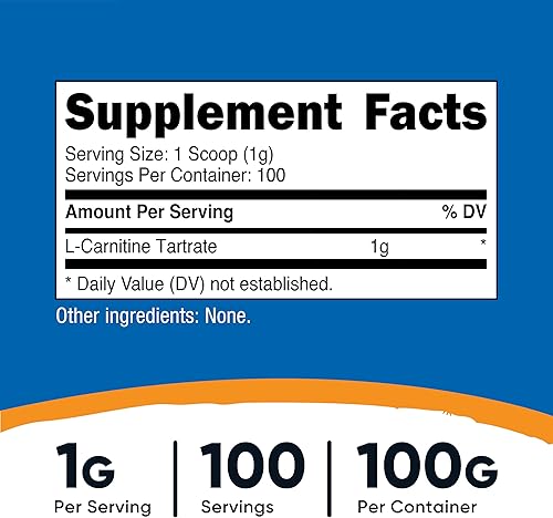 Miniatura 2 de Nutricost Tartrato de L-carnitina en polvo [3.53 onzas] Paquete de 0.07 – 0.04 oz por porción (100 porciones)