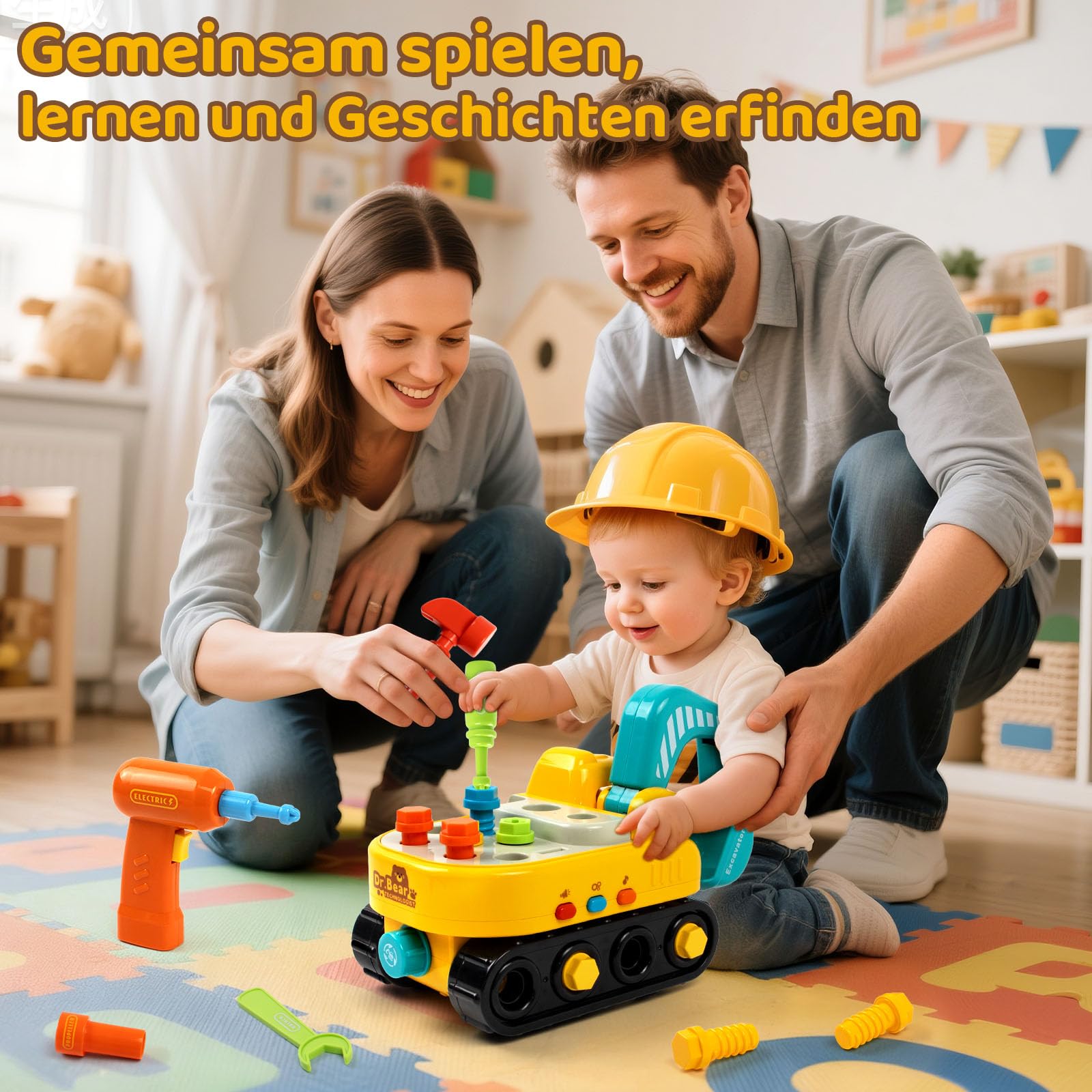 Marstone Spielzeug ab 2 Jahre, Werkzeug Kinder, Schraub Spielzeug ab 3 Jahre mit Werkzeug Elektrischem Bohrer, Montessori Bagger mit Musik Licht, Kinder Geschenk ab 2 3 4 5 Jahre Jungen Mädchen