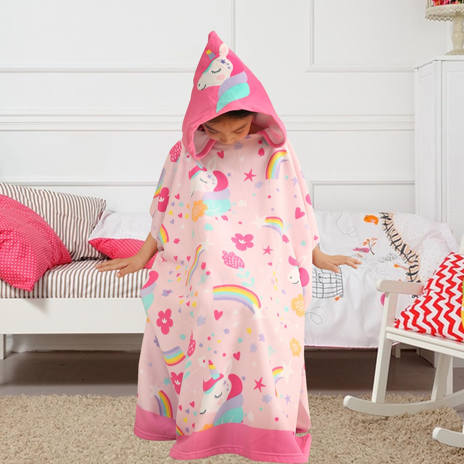 Asciugamano Poncho da Bambino, Poncho da Bagno Telo da Spiaggia per Bambini Extra Large Teli Mare in Microfibra Accappatoio con Cappuccio per Bambine e Bambini, Altezza 120-170 cm (Unicorno)