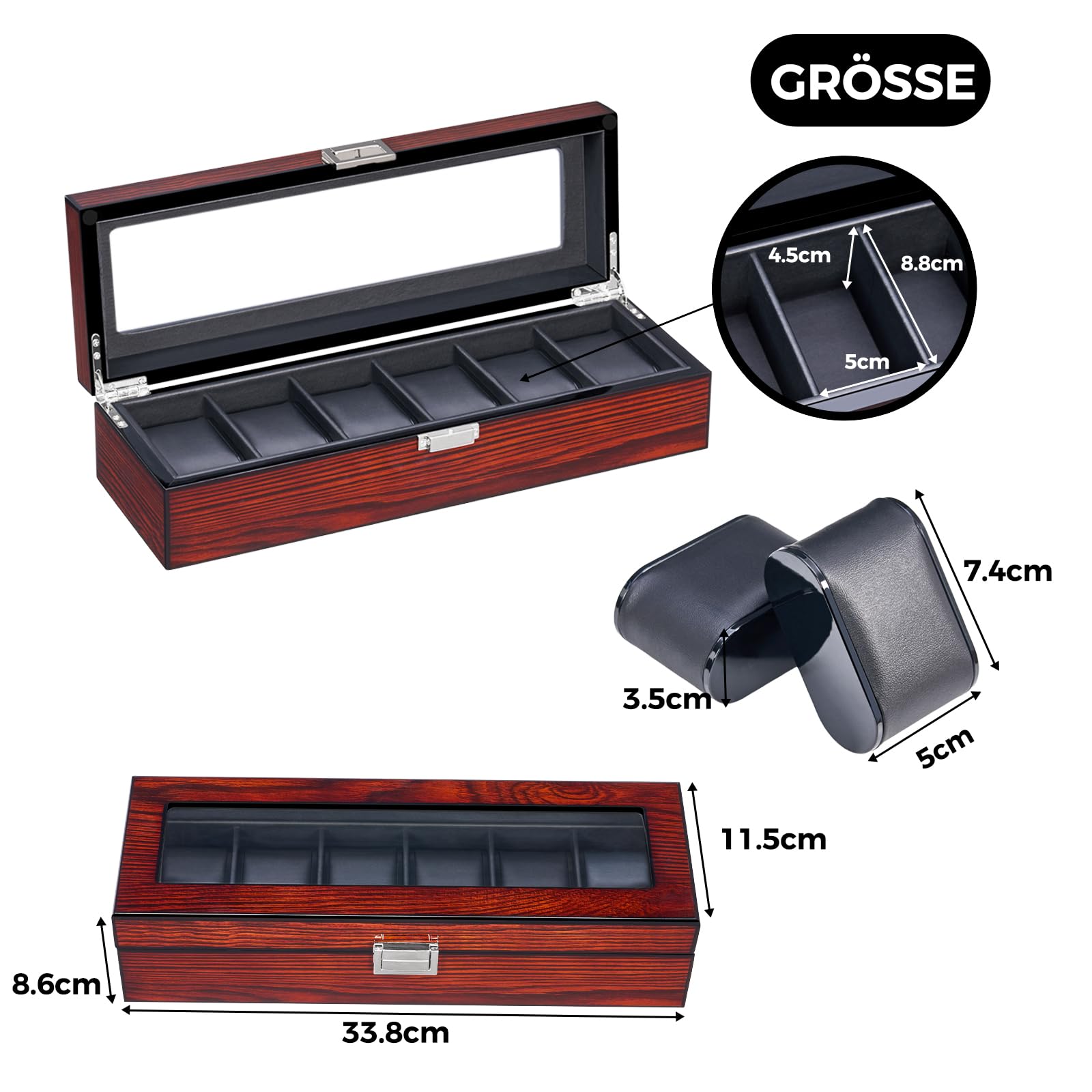 BEWISHOME Uhrenbox 6 uhren aus Holz für Herren – Luxus Uhrenbox Herren, Echtglas-Oberseite, glattes Kunstleder innen, Uhrenaufbewahrung, Braun ESSH06Y