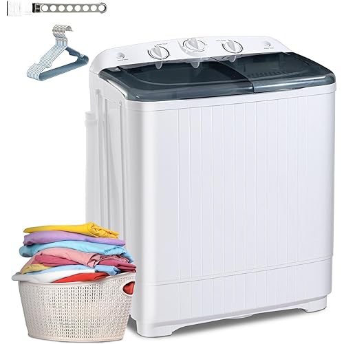 Portable 22 lbs Twin Tub Washing Machine with Drying Rack, 13 lbs Washer Mini Compact Laundry Machine and 9 lbs Spinner, Semi-automatic Washer Combo for Dorms, Apartments