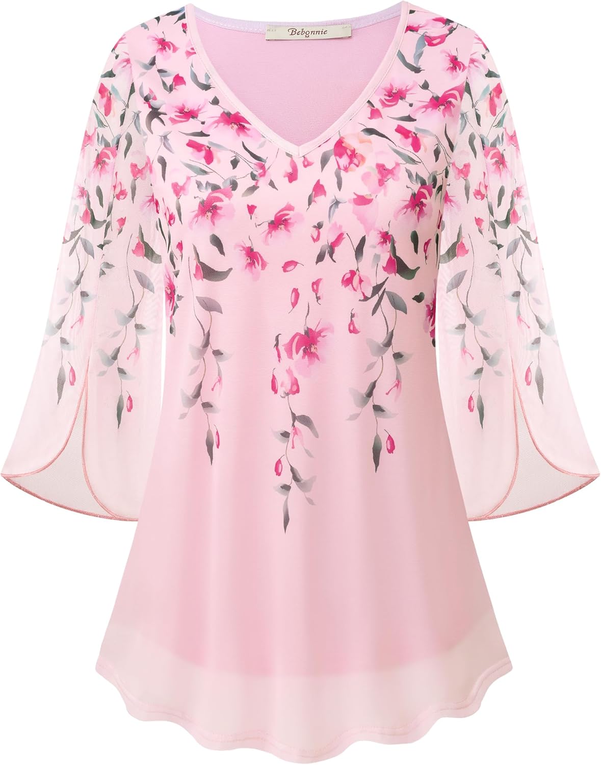 Bebonnie Womens Ruffle 3/4 Sleeve V Neck Double Layers Mesh Blouses Loose Fit Flowy Tunic Tops - Image 4