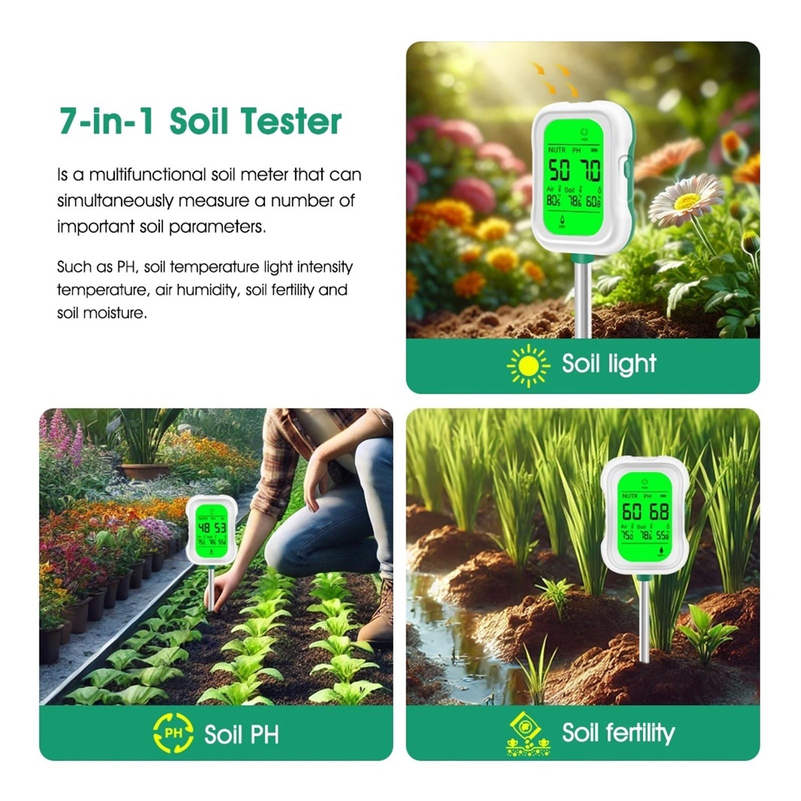 Misuratore digitale del terreno 7 in 1, misuratore di umidità, pH, luce, fertilità, temperatura e for piante da giardino, agricoltura fattoria Giardinaggio, Agricoltura