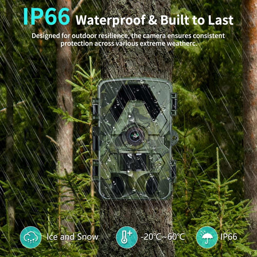 Wildkamera, 5K 60MP Wildtierkamera, 98FT 130 Weitwinkel Jagdkamera, 0,05s Auslösezeit Nachtsicht Bewegungssensor, IP66 Wasserdicht, kein Glühen Infrarot-LEDs Überwachungskamera mit 32GB Speicherkarte