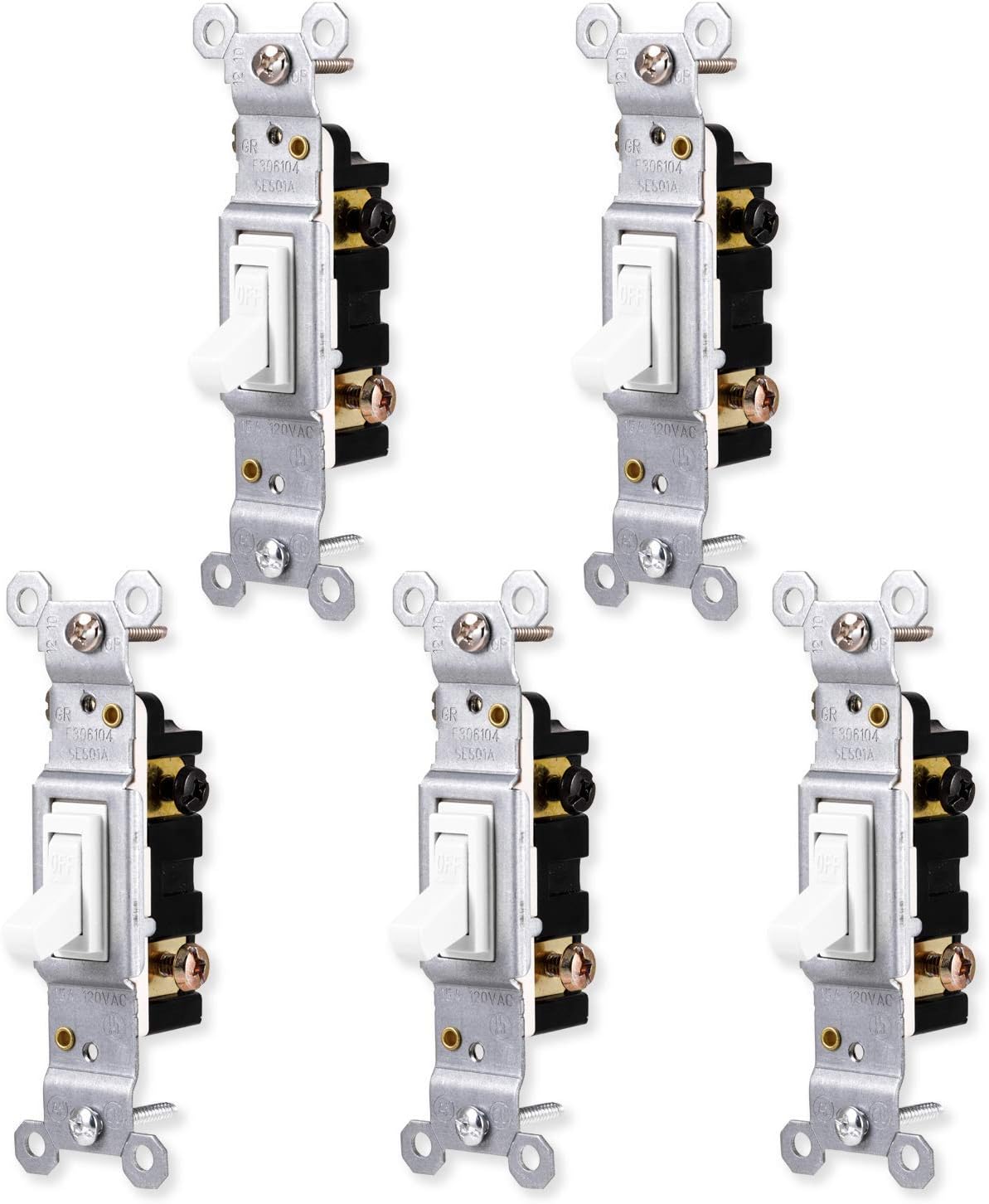 GE Switch, White, Grounding Toggle 5 Pack, Single Pole, in Wall On/Off Fan & Light Replacement, 15 Amp, for Home, Office & Kitchen, UL Listed, Wallplate not Included, 44034