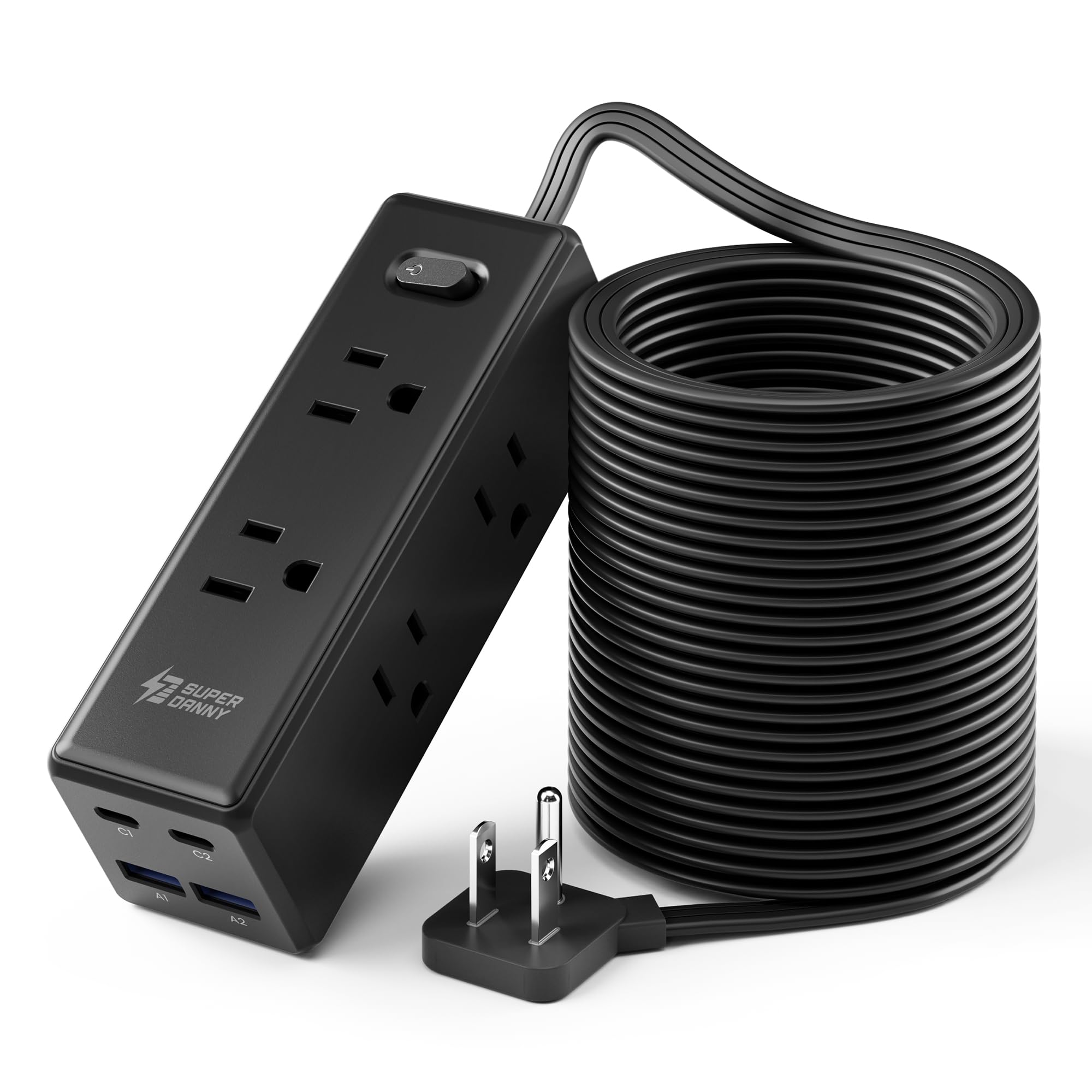 SUPERDANNY 25Ft Extension Cord with Multiple Outlets, Flat Plug Power Strip | Long Extension Cord with 6 Outlets, 4 USB Ports(2 USB C), Surge Protector for Home, Office Supplies, Dorm Essentials, Blac