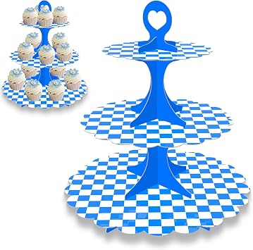 2 Pack 3-Tier Cupcake Stand,Blue White Checkered Cardboard Racing Car Theme Dessert Holder for Party Wedding Baby Shower Birthday Decor