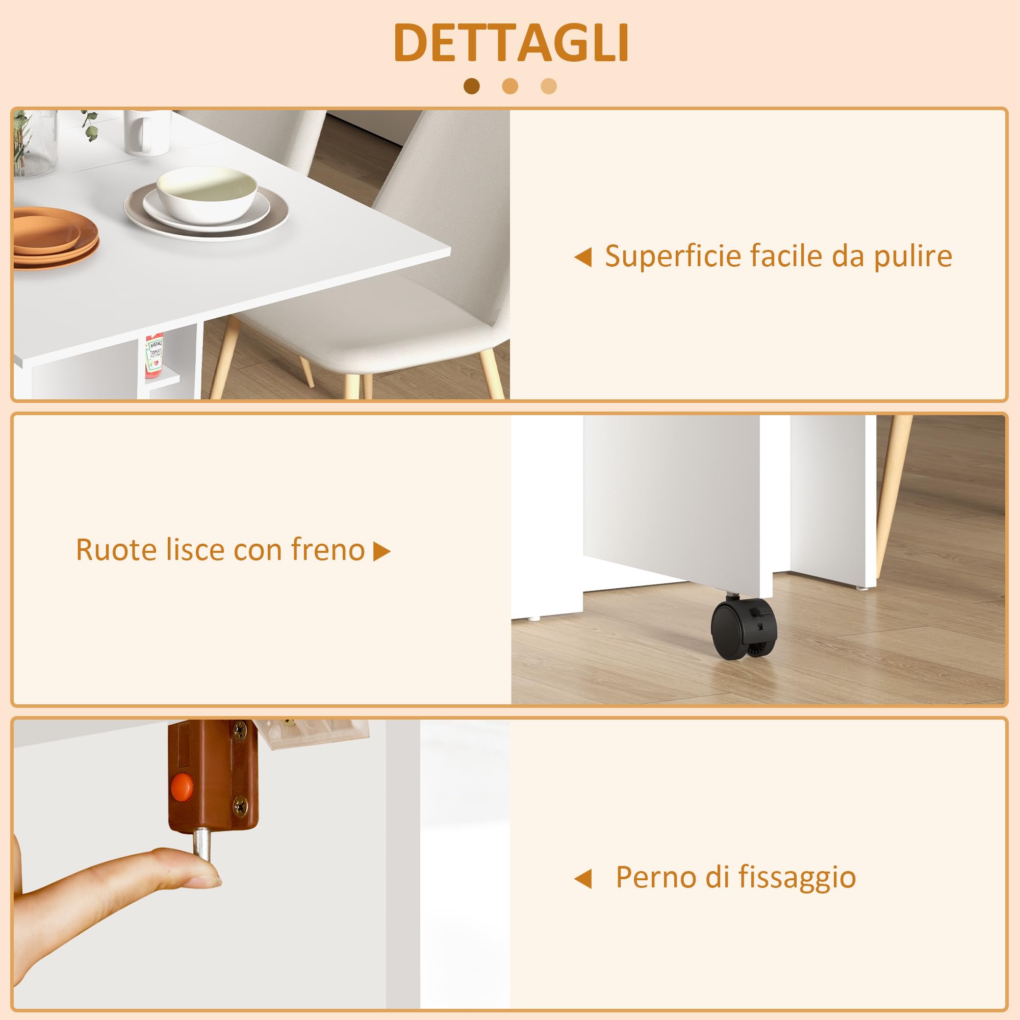 HOMCOM Tavolo da Pranzo Pieghevole, Tavolo Cucina a Ribalta con Ruote a Freno per 4-6 Persone, Scrivania Richiudibile con Ripiani, per Soggiorno, 140x80x74 cm, Bianco