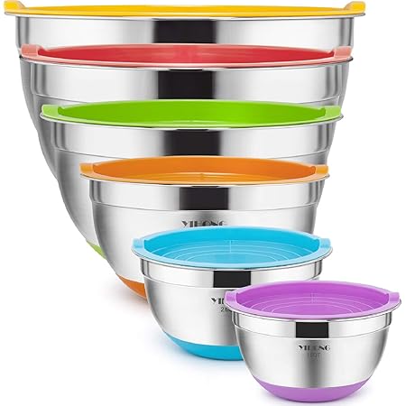 6 Pcs Stainless Steel Mixing Bowls with Lids,YIHONG Metal Nesting Mixing Bowls Set for Mixing, Baking,Serving,Food Prep, Size 7, 5, 4, 3, 2, 1.5QT, with Colorful Non-Slip Bottoms