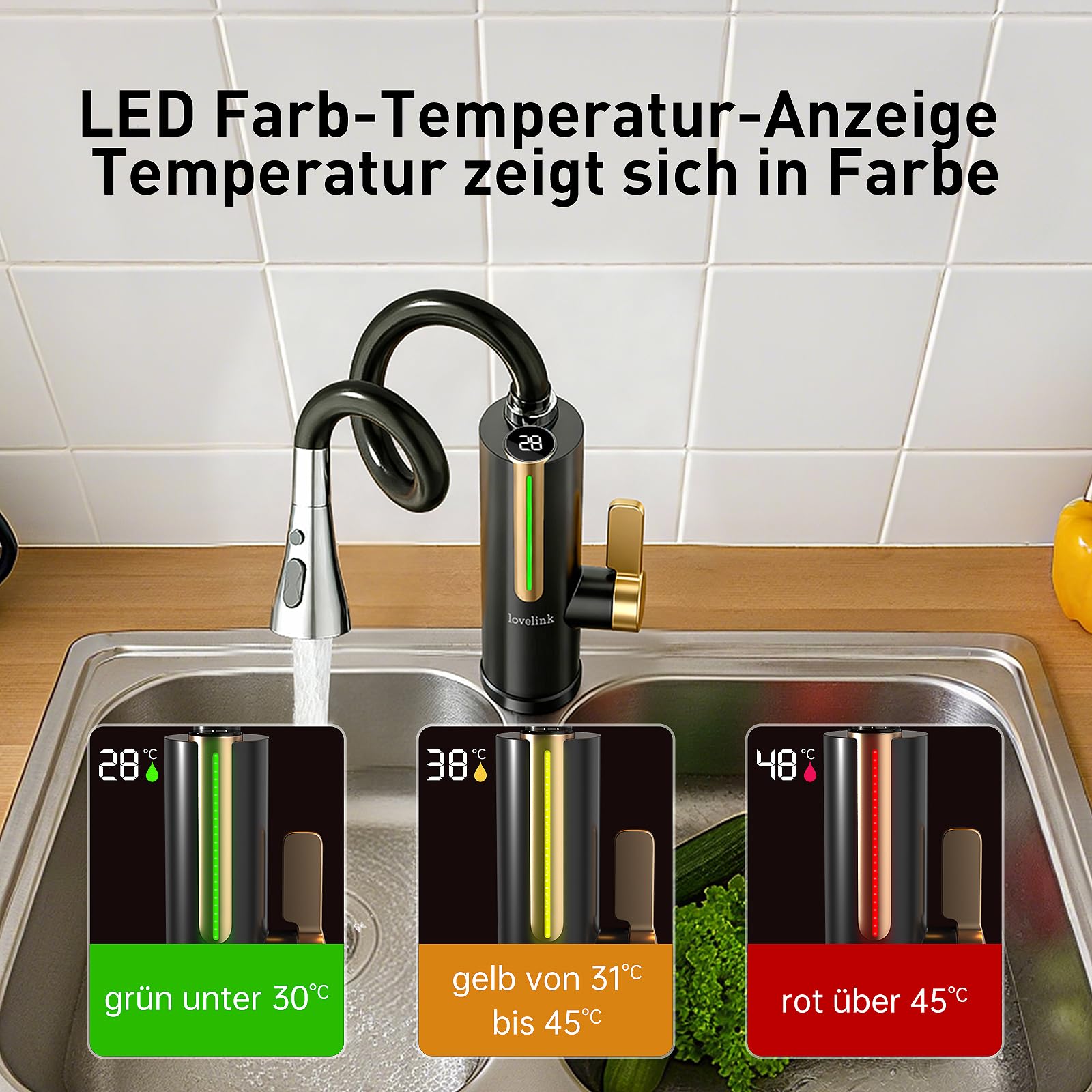 Lovelink Wasserhahn mit Durchlauferhitzer Farbadaptiv LED Temperaturanzeige 360° Flexibler Schlauch Elektrischer Durchlauferhitzer Wasserhahn für Küche/Bad/Balkon (Schwarz)