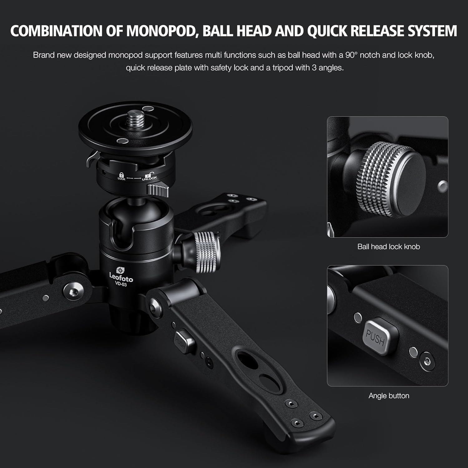 Carbon Fiber Lightweight Camera Monopod with Ball Head Feet, Double Quick Lock System with Quick Release Plate, MaxLoad 6kg, Weight 1.2kg, Max Height 180cm, Big Flip Lock (MV-324CL+VD-03)