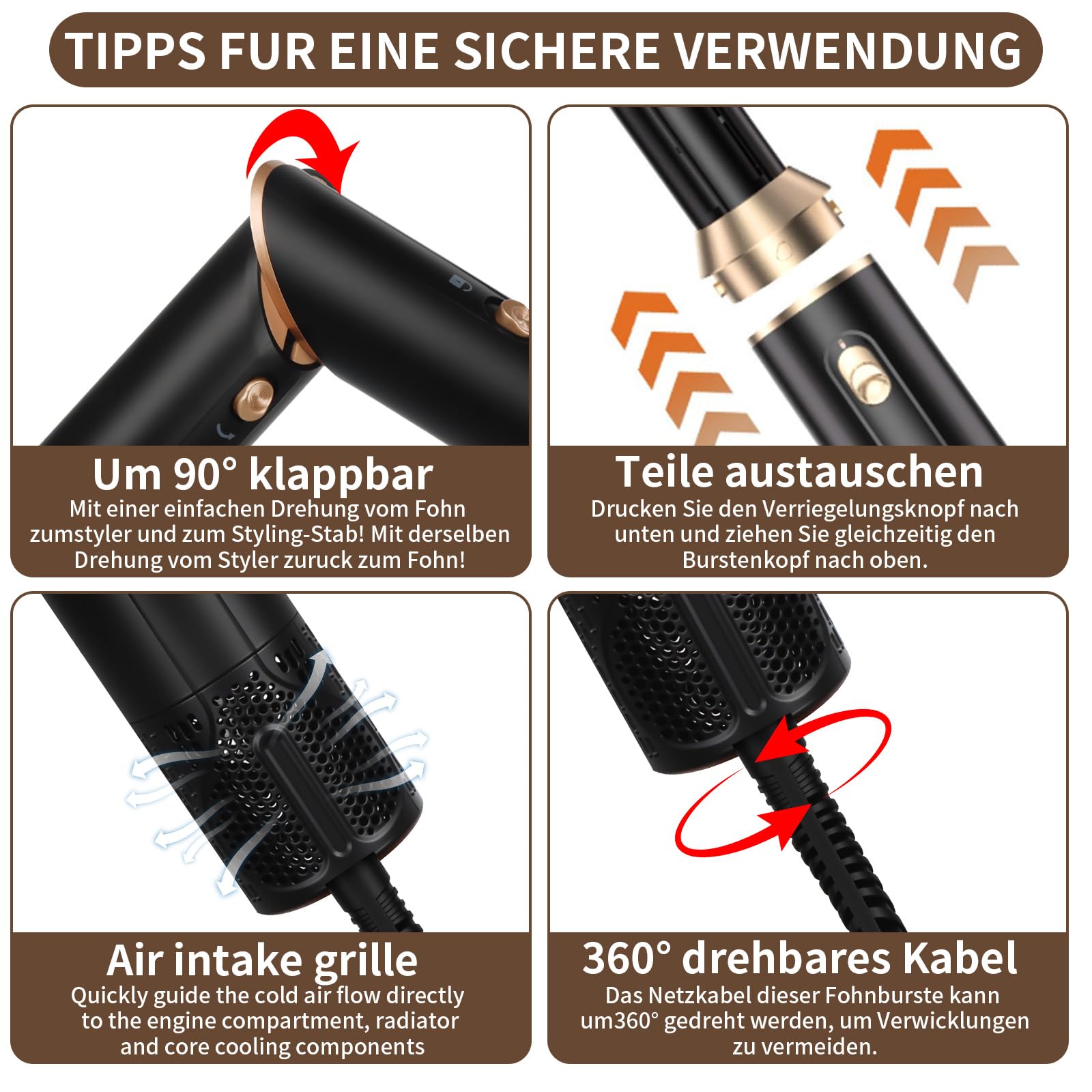 6 in 1 Hairstyler, Professioneller Föhnbürste Haarstyler, Hair Styler Set mit Auto Luft Links/Rechts, Föhn Ionen, Wärmebürste, 1000w, Multi Airstyler für Trocknen, Glätten & Locken (Schwarz 6 in 1)