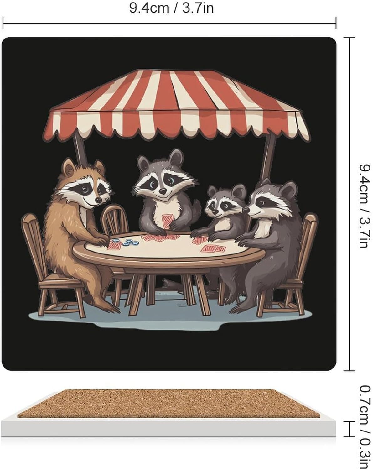 Raccoons Animal Poker Funny Ceramic Coasters for Drinks Absorbent Cup Holder Tabletop Protector with Cork Base