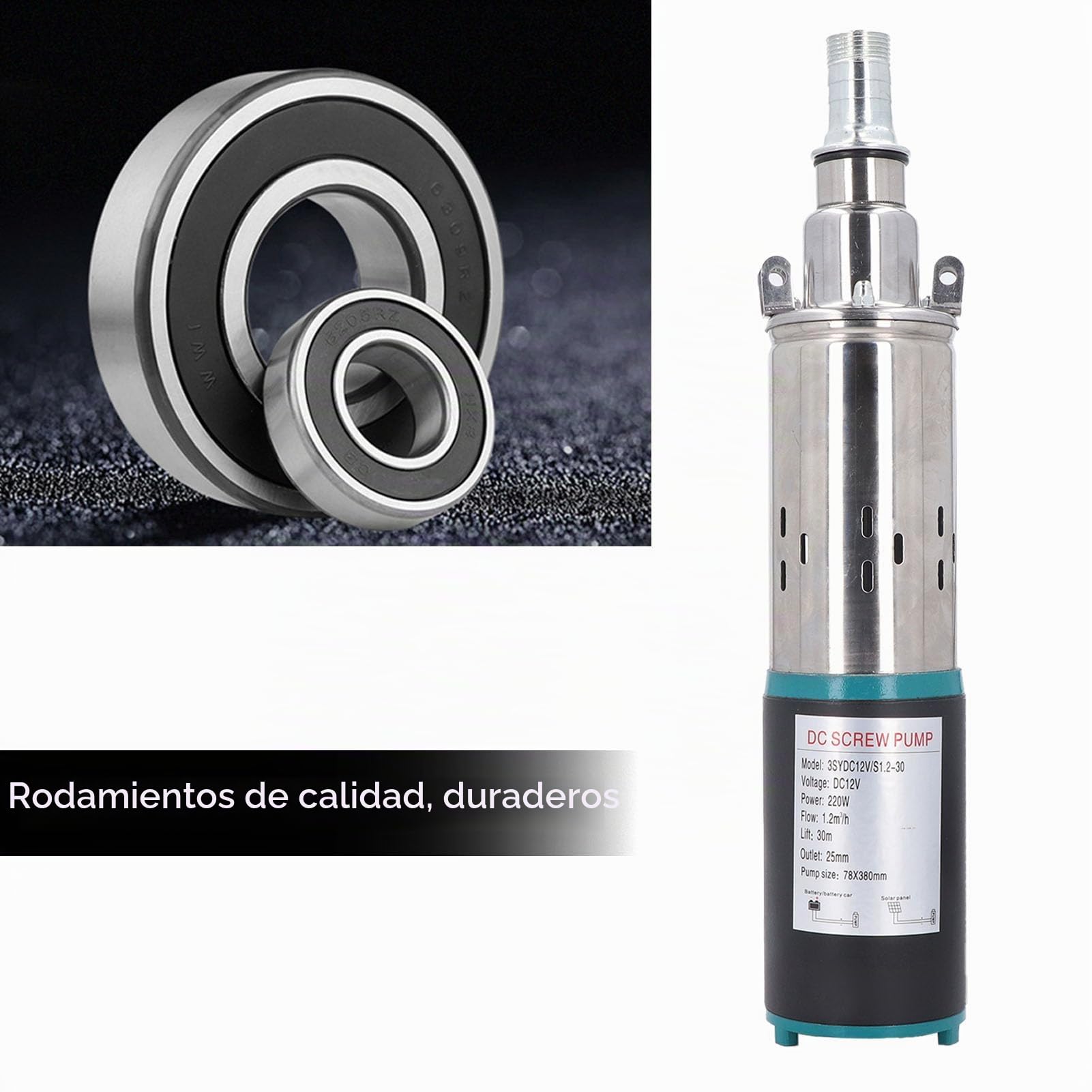 Bomba Solar para Pozo Profundo, 12 V, Acero Inoxidable, Tornillo, Sumergible, Corriente Continua, para Riego Agrícola, Estanque, Abrevadero, 30 M Altura, Caudal 1,2 M³/H