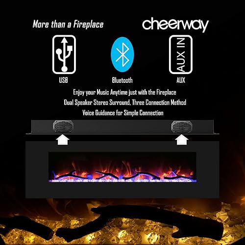 Miniatura 2 de Cheerway Chimenea eléctrica de 50 pulgadas con altavoz Bluetooth, calentador de chimenea de montaje en pared con 5 luces de punto y 7 ajustes de