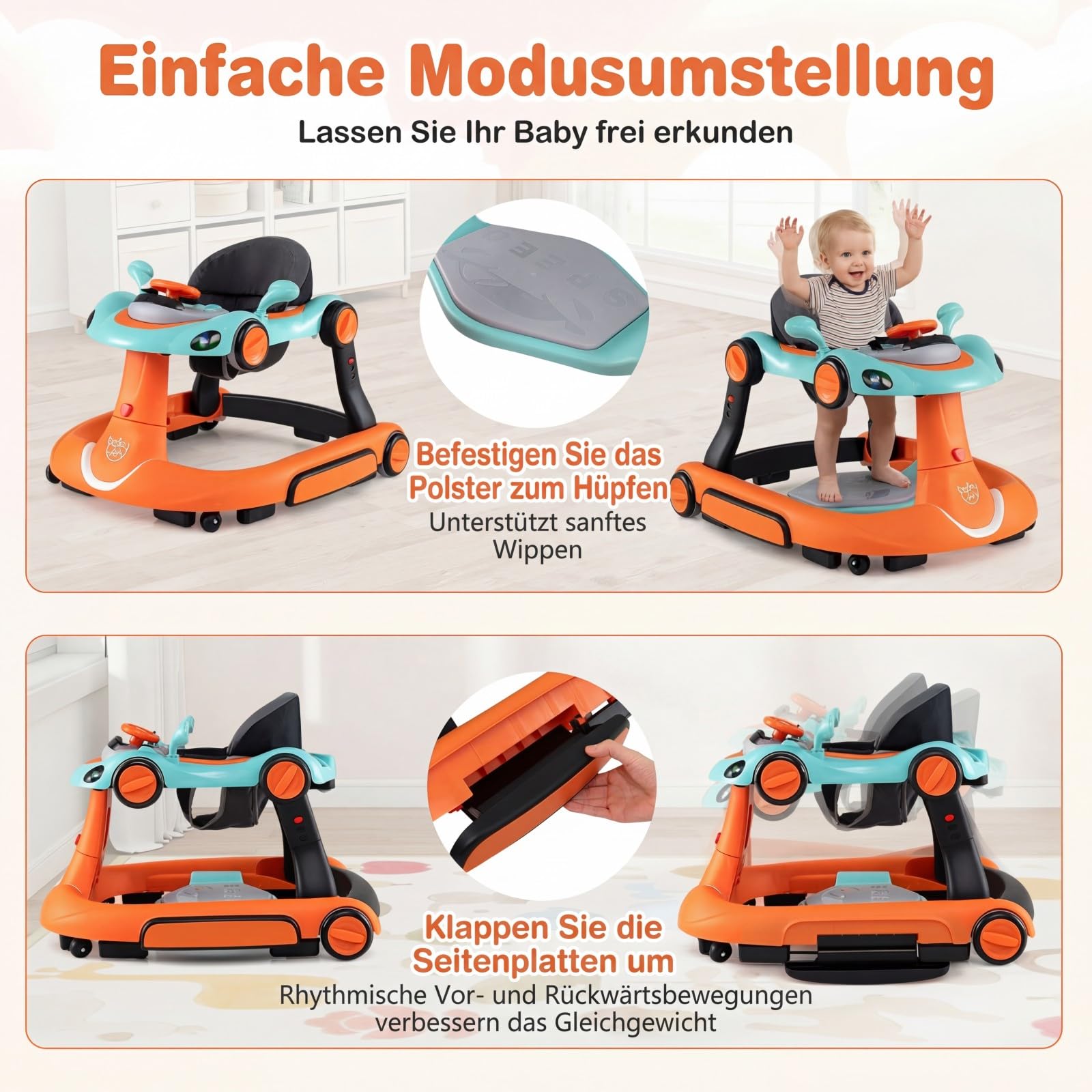 GIANTEX Girello per Bambini 7-18 Mesi 7 in 1, Baby Walker con Tettuccio, Vassoio di Giochi, Carillon, Luci, Primi Passi Piegevole, Altezza e Velocità Regolabili, Carrello da Spinta (Arancione + Verde)