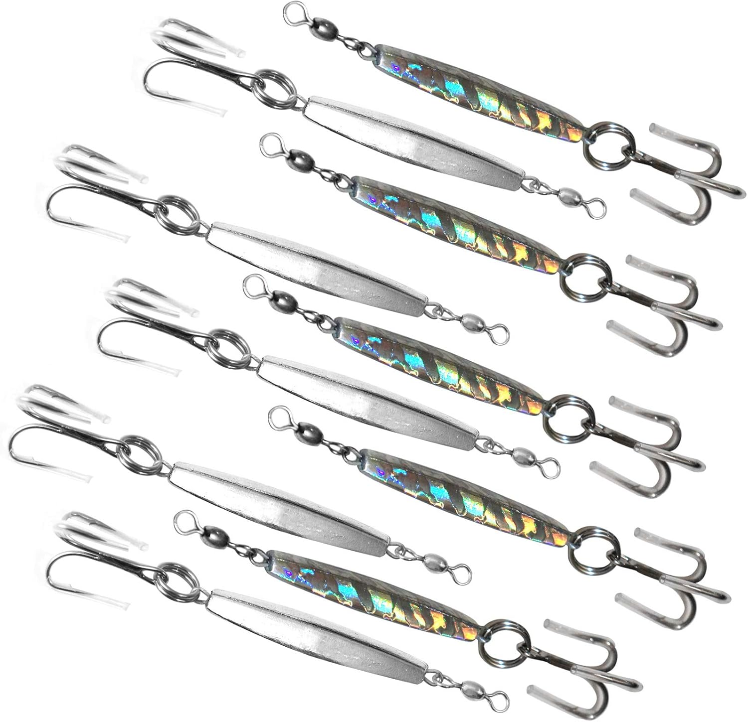 10pcs 1oz Diamond Jig Mylar Holographic Laser jigs + Chrome Silver jigs with a Treble Hook - Fish WOW!