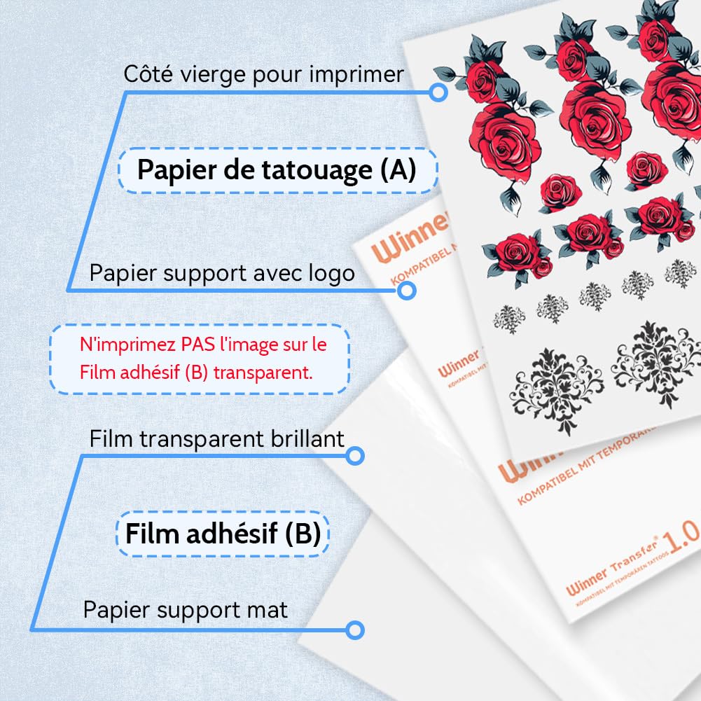 Papier Transfert Tatouage Temporaire Transparent A4, Impression Jet d'Encre & Laser, Lavable, Décalcomanie DIY, 5 Feuilles