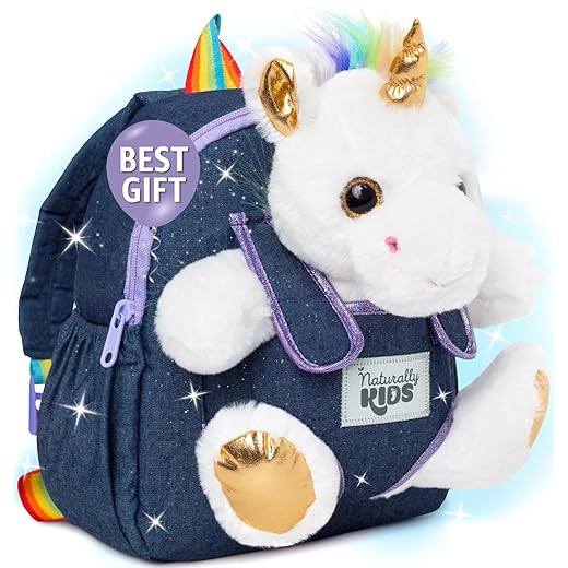 Naturally KIDS Small Unicorn Backpack - 3-4 Year Old Girl Gifts - Toddler Backpack for Girls Boy w Stuffed Animal - Toys for 3 Year Old Girls - w Pockets & Reflective Logo - Backpack w White Unicorn
