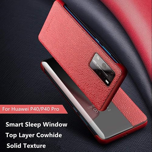 Miniatura 5 de Funda de piel auténtica hecha a mano para Huawei P40 Pro, funda con tapa inteligente para dormir y despertar, ventana protectora de cuerpo completo