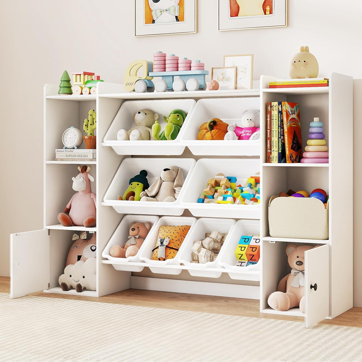 KOTEK Toy Storage Organizer with Shelf, 4-Tier Storage Box for Boys Girls with 8 Removable Bins, 4 Cubbies & 2 Cabinets, Kids Bookshelf and Toy Storage for Playroom, Living Room, Nursery (White)