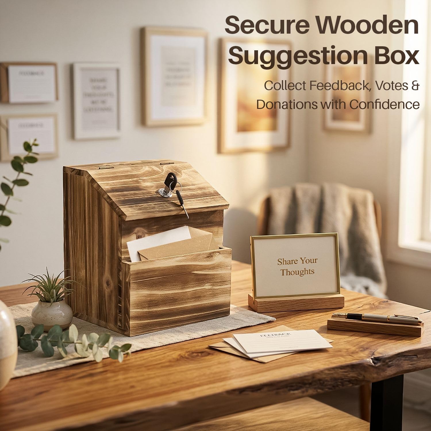 Flexzion Wooden Lockable Suggestion Box with Key Lock Lid, Wall Mounted or Free Standing Locked Ballot Prayer Donation Comment Cash Tip Money Drop Box Includes Hardware, 2 Keys