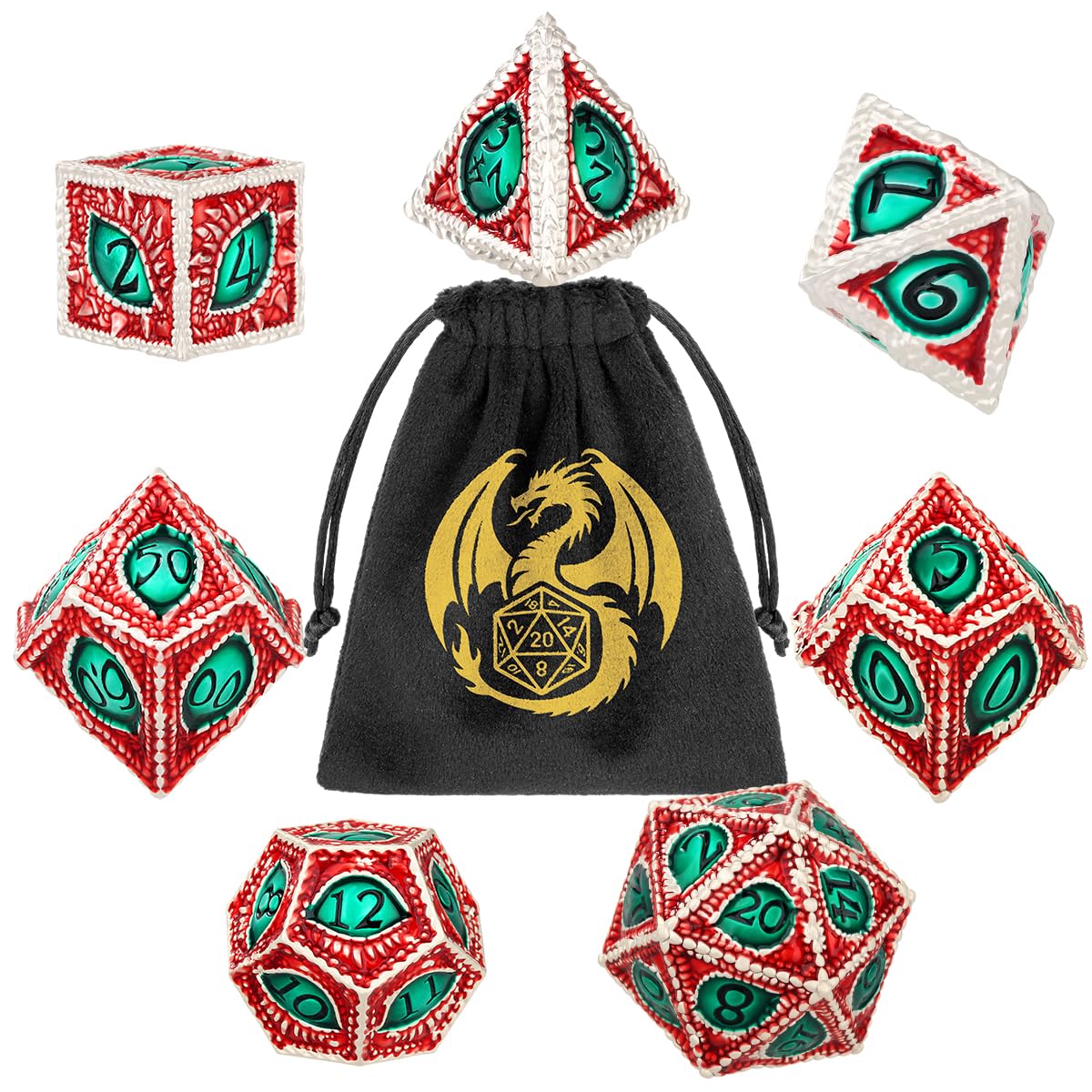 Metal Dice Set, Dragon Eye Theme, 7pcs Polyhedral Metal DND Dice Set, DND Starter Set, D&D Gifts with Gift Bag, Role Playing Board Games Accessories, Silver Red Green